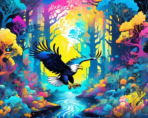 Prompt: vibrant Colorful graffiti illustration of yellow, blue, black with white highlights.  nadibranch in the ocean, vibrant and chaotic, surreal dreamlike atmosphere, detailed foliage and mysterious pathways, mystical creatures hiding in the shadows, high quality, urban street art, vibrant colors, dreamlike lighting, detailed trees, surreal, mystical, chaotic, graffiti, forest, vibrant colors, dreamlike atmosphere style photo of a Bald Eagle