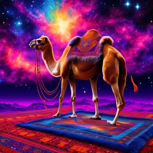 Prompt: <mymodel>High-quality digital illustration of a mystical camel on a vibrant magic carpet, intricate details on the carpet's patterns, realistic fur texture on the monkey, magical aura surrounding the scene, vivid colors and enchanting lighting, high-res, magical realism, detailed carpet patterns, mystical monkey, vibrant colors, realistic fur texture, magical atmosphere, professional artwork, enchanting lighting