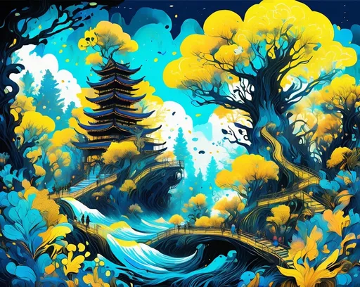 Prompt: vibrant Colorful graffiti illustration of yellow, blue, black with white highlights.  nadibranch in the ocean, vibrant and chaotic, surreal dreamlike atmosphere, detailed foliage and mysterious pathways, mystical creatures hiding in the shadows, high quality, urban street art, vibrant colors, dreamlike lighting, detailed trees, surreal, mystical, chaotic, graffiti, forest, vibrant colors, dreamlike atmosphere style photo of a group of wild monkeys in the trees