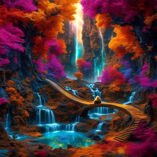 Prompt: waterfalls<mymodel> on a vibrant magic carpet, intricate details on the carpet's patterns, realistic fur texture on the monkey, magical aura surrounding the scene, vivid colors and enchanting lighting, high-res, magical realism, detailed carpet patterns, mystical monkey, vibrant colors, realistic fur texture, magical atmosphere, professional artwork, enchanting lighting