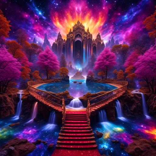 Prompt: waterfalls<mymodel> on a vibrant magic carpet, intricate details on the carpet's patterns, realistic fur texture on the monkey, magical aura surrounding the scene, vivid colors and enchanting lighting, high-res, magical realism, detailed carpet patterns, mystical monkey, vibrant colors, realistic fur texture, magical atmosphere, professional artwork, enchanting lighting