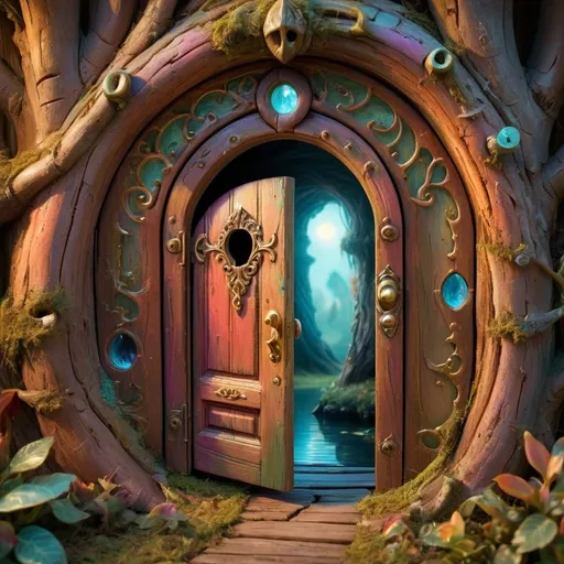 Prompt: Keyhole antique door, magical world, fantasy, detailed wood texture, mystical lighting, high quality, surreal, enchanting, vibrant colors, whimsical, fantasy landscape, keyhole perspective, magical creatures, intricate details, surreal atmosphere