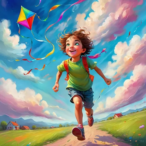 Prompt: Flying kite in a vibrant sky, playful and uplifting, digital painting, kid running in the background, whimsical clouds, fun, colorful, high quality, digital painting, playful, vibrant colors, whimsical clouds, joyful atmosphere