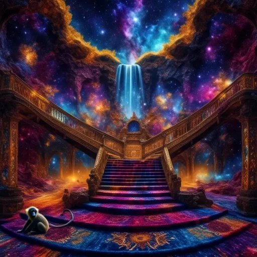 Prompt: waterfalls<mymodel> on a vibrant magic carpet, intricate details on the carpet's patterns, realistic fur texture on the monkey, magical aura surrounding the scene, vivid colors and enchanting lighting, high-res, magical realism, detailed carpet patterns, mystical monkey, vibrant colors, realistic fur texture, magical atmosphere, professional artwork, enchanting lighting
