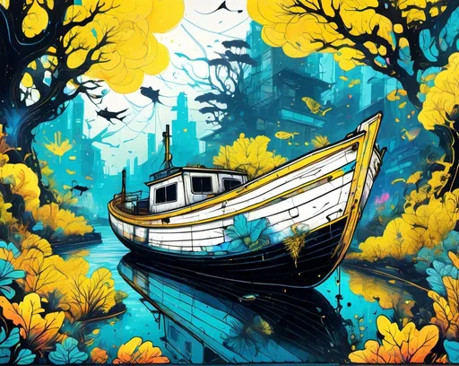Prompt: vibrant Colorful graffiti illustration of yellow, blue, black with white highlights.  nadibranch in the ocean, vibrant and chaotic, surreal dreamlike atmosphere, detailed foliage and mysterious pathways, mystical creatures hiding in the shadows, high quality, urban street art, vibrant colors, dreamlike lighting, detailed trees, surreal, mystical, chaotic, graffiti, forest, vibrant colors, dreamlike atmosphere style photo of white wooden boat, tied to the Dock by a, old rope. 