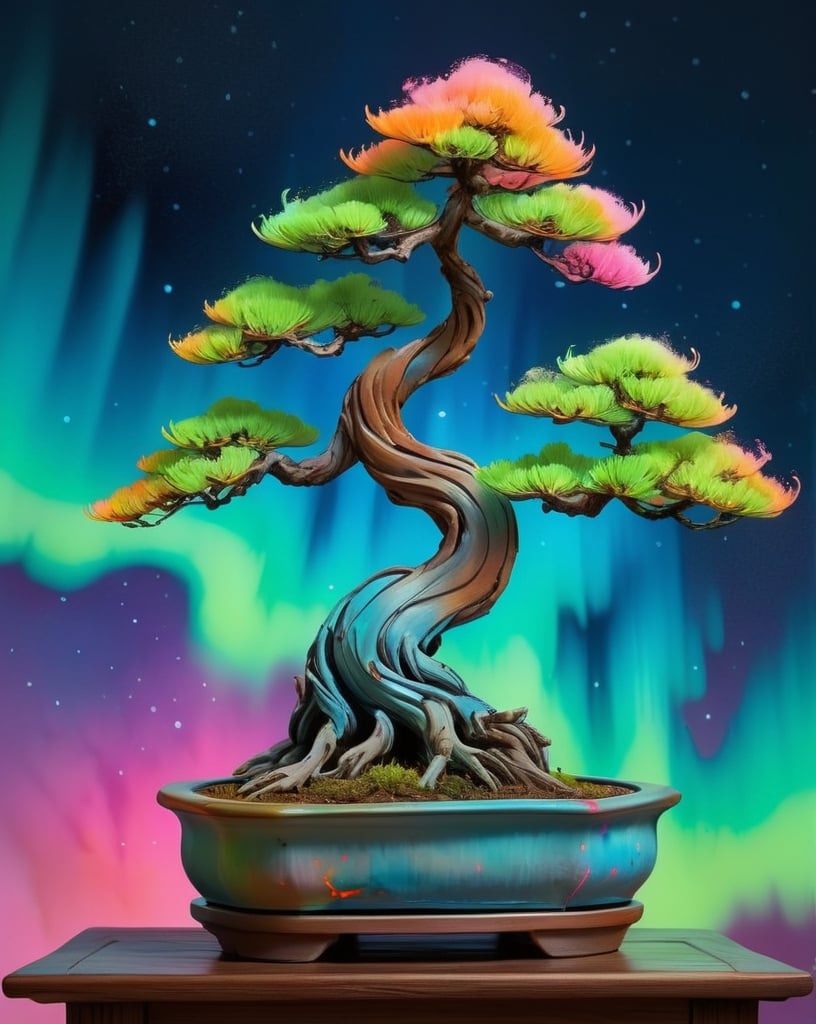 Prompt: Digital watercolor painting of a single unique shaped bonsai with the aurora borealis glowing blue and pink in the background. bold brush strokes, blue and orange with neon green highlights, paint splatter, high quality, detailed, professional, bonsai, watercolor, unique shape, bold brush strokes, neon green highlights, paint splatter, digital art, detailed, highres, professional