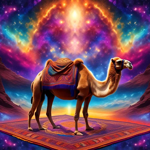 Prompt: <mymodel>High-quality digital illustration of a mystical camel on a vibrant magic carpet, intricate details on the carpet's patterns, realistic fur texture on the monkey, magical aura surrounding the scene, vivid colors and enchanting lighting, high-res, magical realism, detailed carpet patterns, mystical monkey, vibrant colors, realistic fur texture, magical atmosphere, professional artwork, enchanting lighting