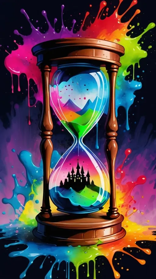 Prompt: Digital watercolor painting of a single unique shaped hourglass with a Rainbow inside. Castle inside 
the aurora borealis glowing blue and pink in the background. bold brush strokes, blue and orange with neon green, yellow, red, white highlights, paint splatter, high quality, detailed, professional, bonsai, watercolor, unique shape, bold brush strokes, neon green highlights, paint splatter, digital art, detailed, highres, professional