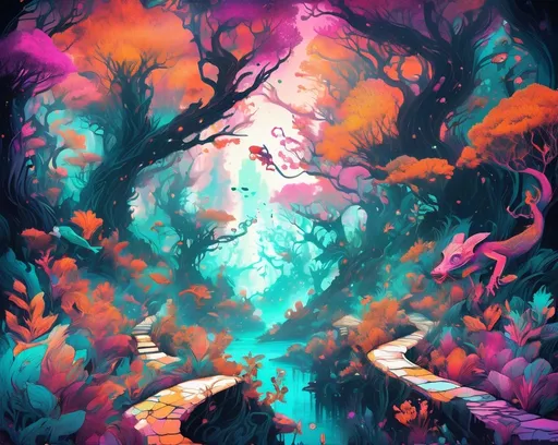 Prompt: vibrant Colorful graffiti illustration of orange and pink with white highlights.  nadibranch in the ocean, vibrant and chaotic, surreal dreamlike atmosphere, detailed foliage and mysterious pathways, mystical creatures hiding in the shadows, high quality, urban street art, vibrant colors, dreamlike lighting, detailed trees, surreal, mystical, chaotic, graffiti, forest, vibrant colors, dreamlike atmosphere style photo of a group of wild monkeys in the trees