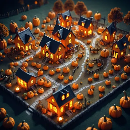 Prompt: Detailed isometric miniature world render of a haunted pumpkin patch, tilt-shift aerial view, high quality, detailed landscape, haunted house, spooky atmosphere, pumpkin patch, Halloween, miniature world, detailed textures, eerie lighting, tilt-shift perspective, detailed foliage, atmospheric, detailed haunted house, small scale, spooky theme, highres, detailed shadows