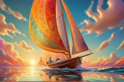 Prompt: Kaleidoscopic portal, pulling in a sailboat with vibrant colors, intricate patterns, high-resolution, digital painting, dreamy, surreal, warm tones, soft sunlight reflecting off the water, detailed sails billowing in the wind, whimsical, fantasy, art nouveau, intricate details, artistic masterpiece