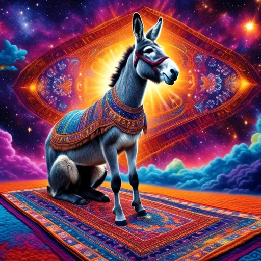 Prompt: <mymodel>High-quality digital illustration of a mystical donkey on a vibrant magic carpet, intricate details on the carpet's patterns, realistic fur texture on the monkey, magical aura surrounding the scene, vivid colors and enchanting lighting, high-res, magical realism, detailed carpet patterns, mystical monkey, vibrant colors, realistic fur texture, magical atmosphere, professional artwork, enchanting lighting