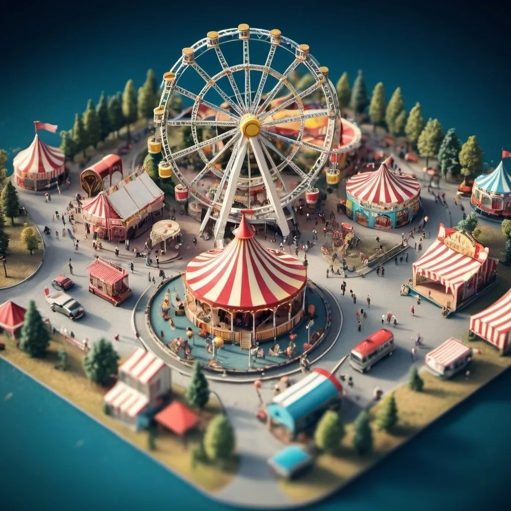 Prompt: aerial view, tilt-shift, isometric miniature world, detailed landscape world render with a circus and Ferris Wheel 