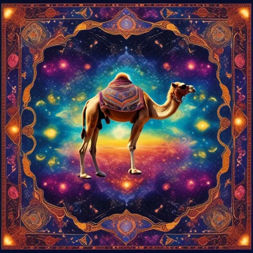 Prompt: <mymodel>High-quality digital illustration of a mystical camel on a vibrant magic carpet, intricate details on the carpet's patterns, realistic fur texture on the monkey, magical aura surrounding the scene, vivid colors and enchanting lighting, high-res, magical realism, detailed carpet patterns, mystical monkey, vibrant colors, realistic fur texture, magical atmosphere, professional artwork, enchanting lighting