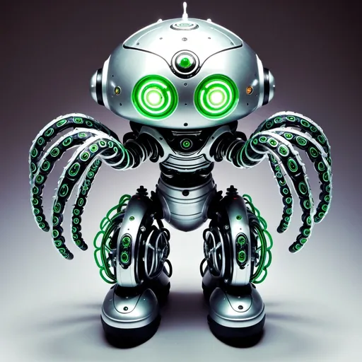 Prompt: 5. Mindbender

Appearance:
2D front view
	•	Medium-sized robot with a pulsating, brain-like structure on top.
	•	Color: Metallic silver with green glowing tendrils.
	•	Details: Equipped with multiple tentacle-like arms and a central, glowing brain.