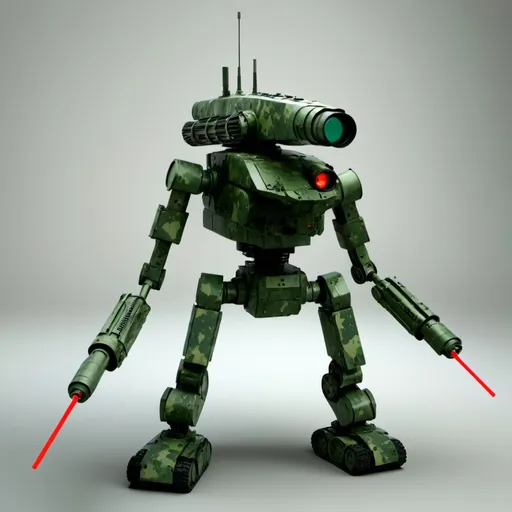 Prompt: 9. Sniper Bot

Appearance:
2D front view
	•	Tall, thin robot with an elongated body and a single large optical sensor.
	•	Color: Camouflage green with a red laser sight.
	•	Details: Equipped with a long sniper rifle and thin, articulated limbs.