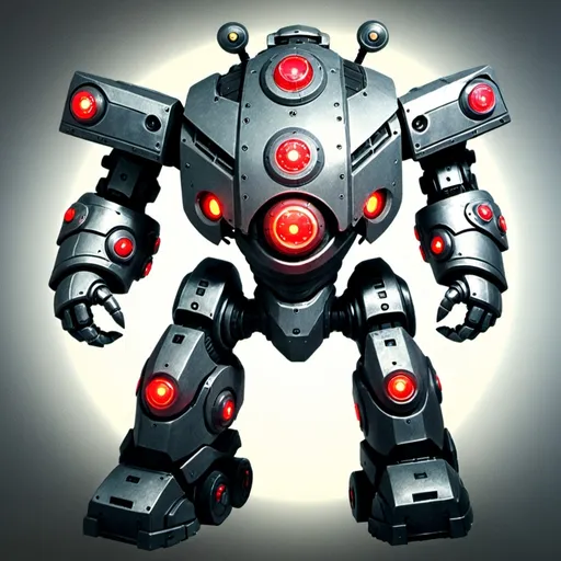 Prompt: 1. Titanus Rex

Appearance:
2d
	•	Massive, tank-like robot with a broad, rectangular body and heavy treads.
	•	Color: Dark gray with red glowing core and detailing.
	•	Details: Equipped with reinforced armor and large, crushing arms for melee attacks.