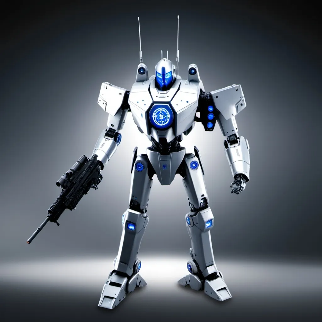 Prompt: 10. Elite Commanders

Appearance:
2D front view
	•	Larger, more sophisticated robots with sleek, polished exteriors.
	•	Color: Silver with blue highlights and an emblem on the chest.
	•	Details: Equipped with advanced weaponry and distinctive markings indicating rank.