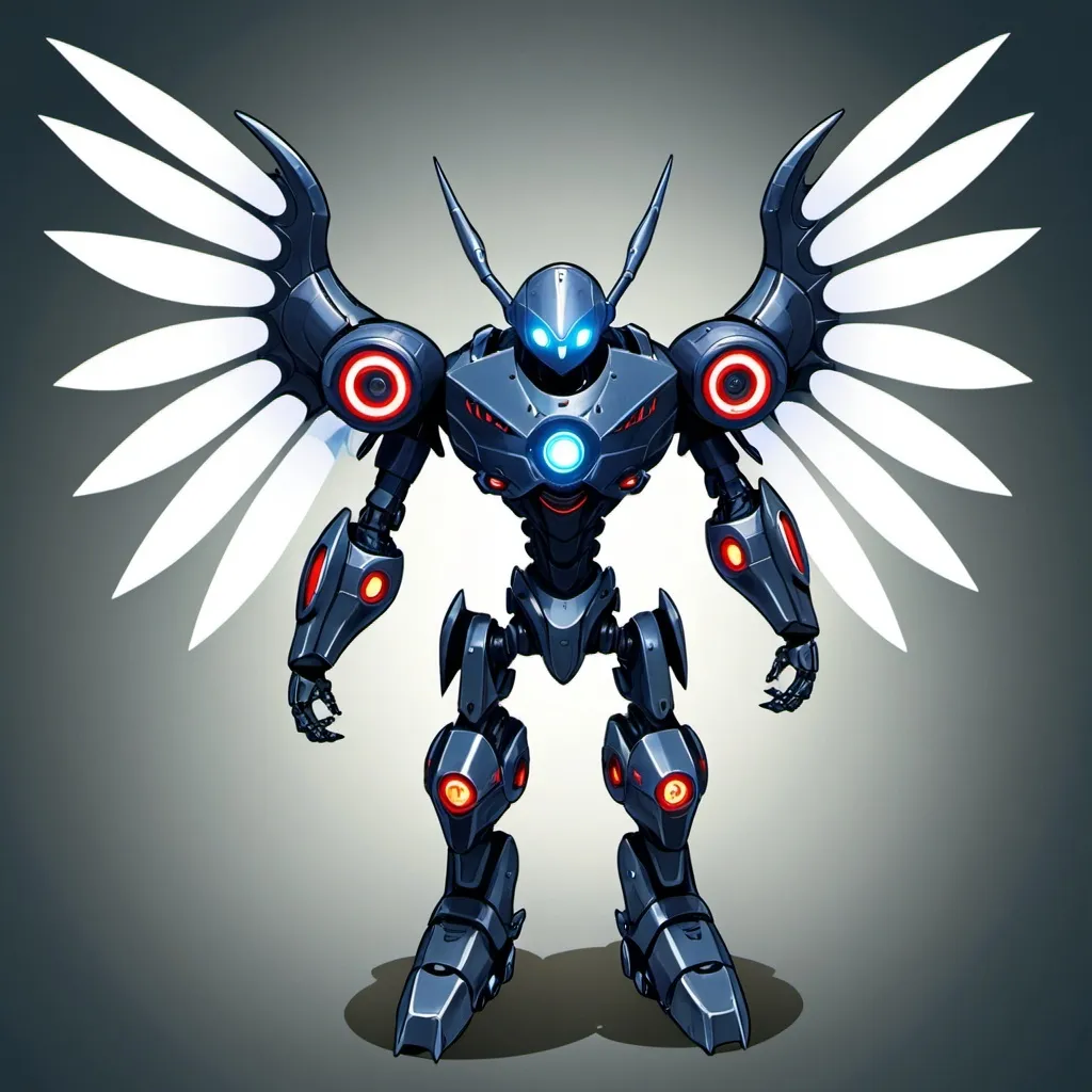 Prompt: 3. Bladewing

Appearance:
2D front view
	•	Humanoid robot with large, blade-like wings and a streamlined, angular body.
	•	Color: Dark blue with white glowing eyes.
	•	Details: Wings double as melee weapons, with sharp edges and retractable design.