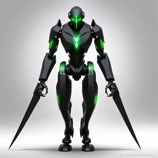 Prompt: 3. Stealth Assassins

Appearance:
2d front view
	•	Slim, humanoid robots with sleek, angular frames.
	•	Color: Matte black with green glowing eyes.
	•	Details: Equipped with retractable arm blades and a cloaking device on their backs.