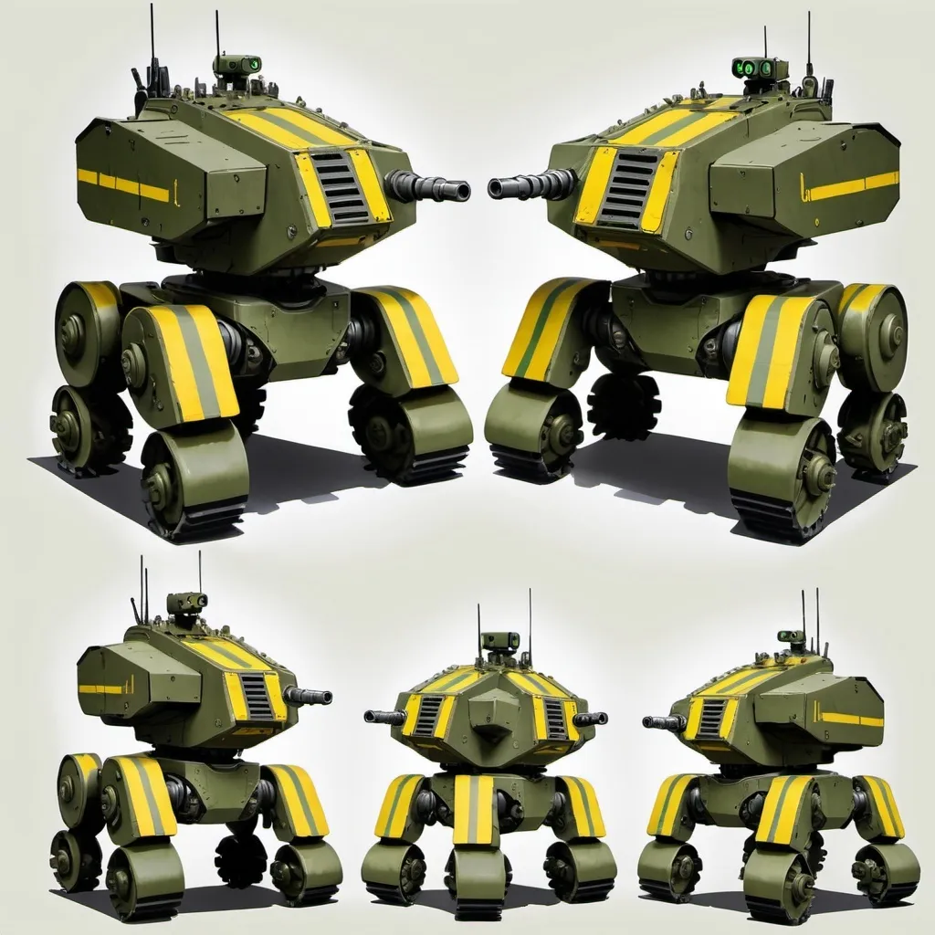 Prompt: 4. Siege Tanks

Appearance:
2d front view
	•	Quadrupedal robots with a tank-like body and four sturdy legs.
	•	Color: Olive green with yellow caution stripes.
	•	Details: Mounted with a large, rotating cannon and heavy armor plating.