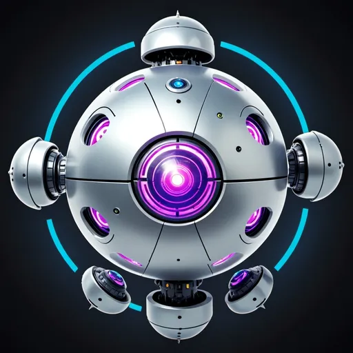 Prompt: 2. Vortex

Appearance:
2d front view
	•	Floating, spherical robot with swirling energy fields around it.
	•	Color: Silver with purple and blue energy highlights.
	•	Details: Surrounded by rotating laser turrets and equipped with an energy shield.