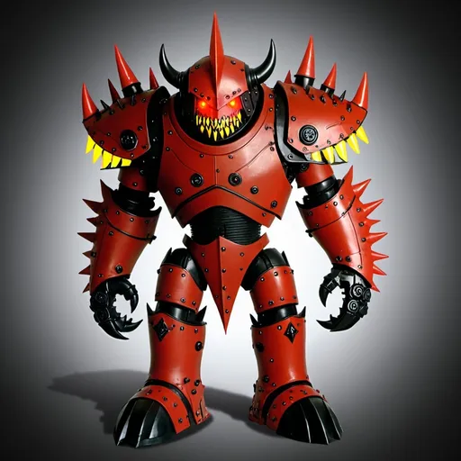 Prompt: 
6. Berserkers

Appearance:
2D front view
	•	Medium-sized, humanoid robots with jagged, aggressive features.
	•	Color: Red with black accents and glowing yellow eyes.
	•	Details: Equipped with sharp claws and spiked armor.