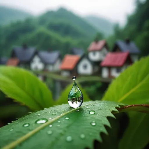 Prompt: A close-up of a raindrop on the tip of a leaf with a tiny fantasy village living inside the raindrop, forest in the background, dramatic lighting, detailed, HD, realistic