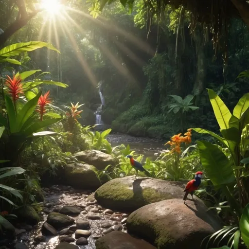 Prompt: Detailed, close up of a tiny human standing on a rock in a lush jungle in Colombia with exotic birds and insects, a small brook flowing off to the right of a natural dirt path, sun shinning through the thick vegetation, beautiful exotic flowers scattered along the jungle floor, dramatic lighting, HD, realistic