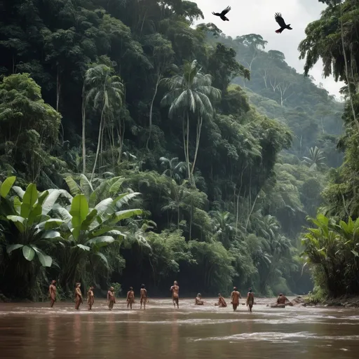 Prompt: A lost tribe deep in the lush Colombian jungle standing by a river with exoctic birds flying around