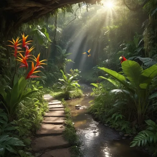 Prompt: Detailed, lush jungle in Colombia with exotic birds and insects, a small brook flowing off to the right of a natural dirt path, sun shinning through the thick vegetation, beautiful exotic flowers scattered along the jungle floor, dramatic lighting, HD, realistic