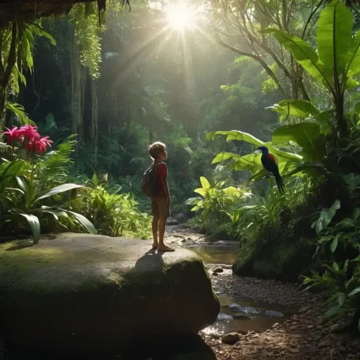 Prompt: Detailed, close up of a tiny human standing on a rock in a lush jungle in Colombia with exotic birds and insects, a small brook flowing off to the right of a natural dirt path, sun shinning through the thick vegetation, beautiful exotic flowers scattered along the jungle floor, dramatic lighting, HD, realistic