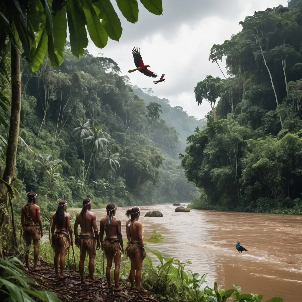 Prompt: A lost tribe deep in the lush Colombian jungle standing by a river with exoctic birds flying around