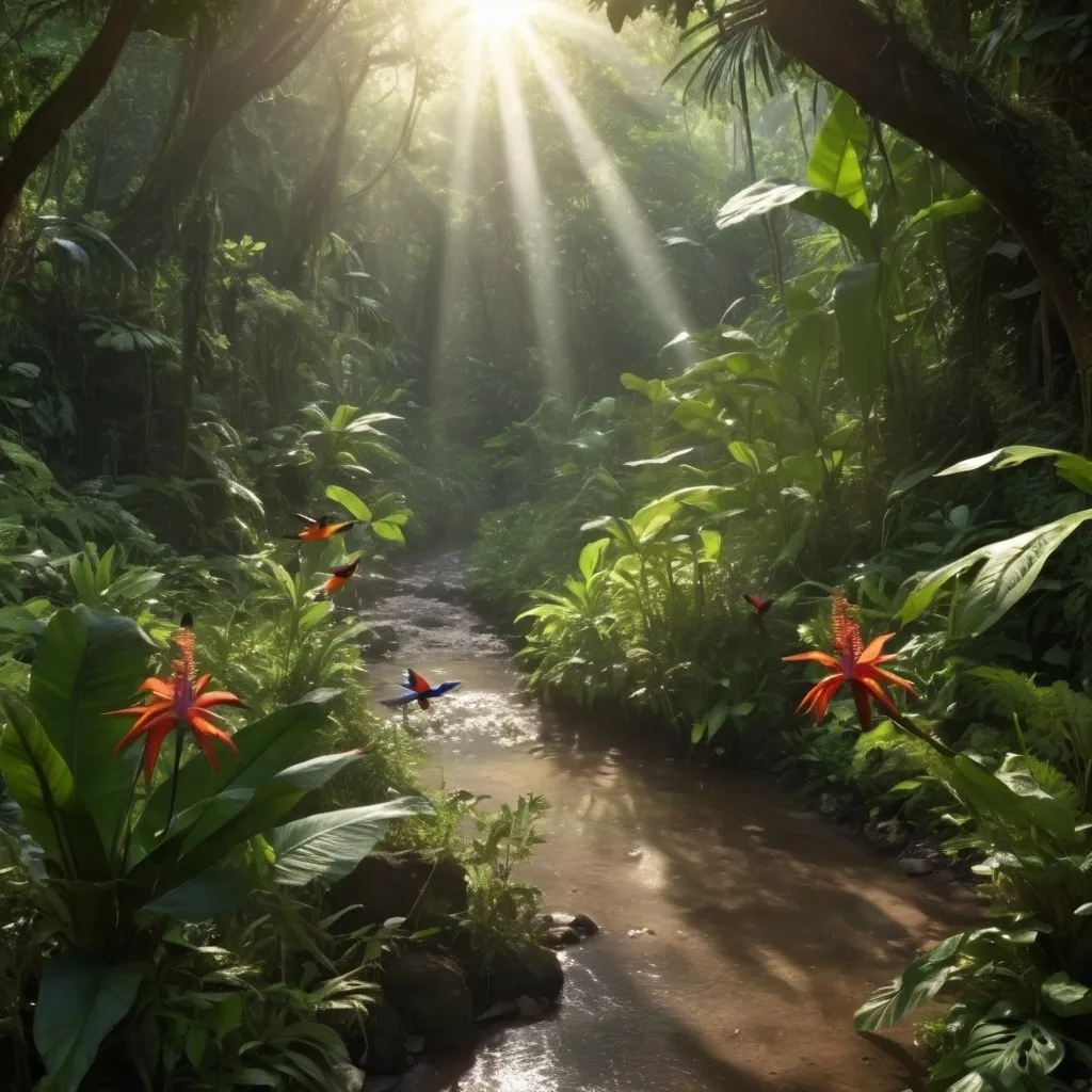 Prompt: Detailed, lush jungle in Colombia with exotic birds and insects, a small brook flowing off to the right of a natural dirt path, sun shinning through the thick vegetation, beautiful exotic flowers scattered along the jungle floor, dramatic lighting, HD, realistic