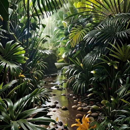 Prompt: Detailed, lush jungle in Colombia with exotic birds and insects, a small brook flowing off to the right of a natural dirt path, sun shinning through the thick vegetation, beautiful exotic flowers scattered along the jungle floor, dramatic lighting, HD, realistic