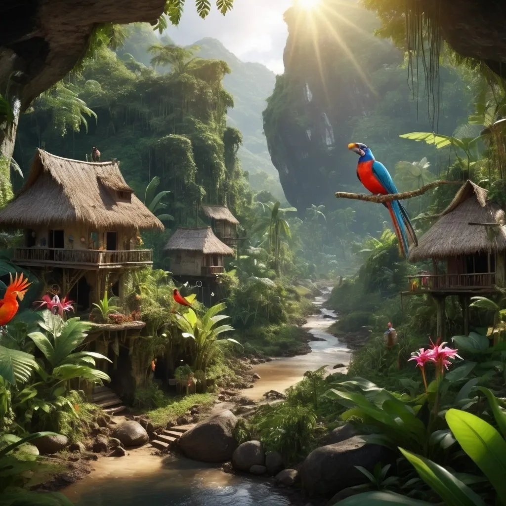 Prompt: Detailed, close up of an extremely tiny fantasy village on a rock in a lush jungle in Colombia with exotic birds and insects, a small brook flowing off to the right of a natural dirt path, sun shinning through the thick vegetation, beautiful exotic flowers scattered along the jungle floor, dramatic lighting, HD, realistic