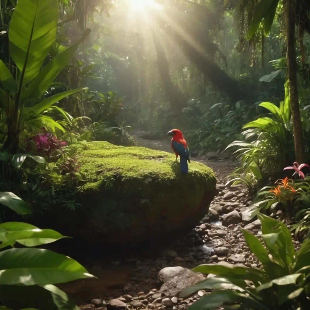 Prompt: Detailed, close up of a tiny person standing on a rock in a lush jungle in Colombia with exotic birds and insects, a small brook flowing off to the right of a natural dirt path, sun shinning through the thick vegetation, beautiful exotic flowers scattered along the jungle floor, dramatic lighting, HD, realistic