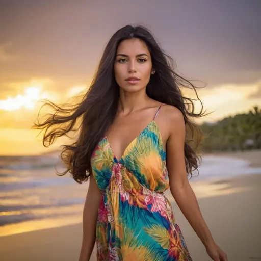 Prompt: Beautiful Colombian woman with a perfectly proportioned beautiful face, she has long dark hair and a golden tan wearing a colorfull beach dress while standing on a tropical Colombian beach at sunset with her hair gentle blowing in the wind