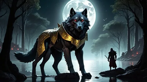 Prompt: In a dark fantasy scene, a golden city glows under the moonlight, surrounded by clear, wide waters that reflect the light, creating a magical atmosphere. In the foreground, a mysterious man stands in a dark forest, wearing old, nearly broken black armor, staring at the golden city. Next to him is a large black wolf with bright red eyes, looking fierce and ready for action. The light from the golden city shines in the background, with moonlight adding a dark, mysterious feel, while shadows and reflections highlight the details of the man's armor and the wolf's fur.