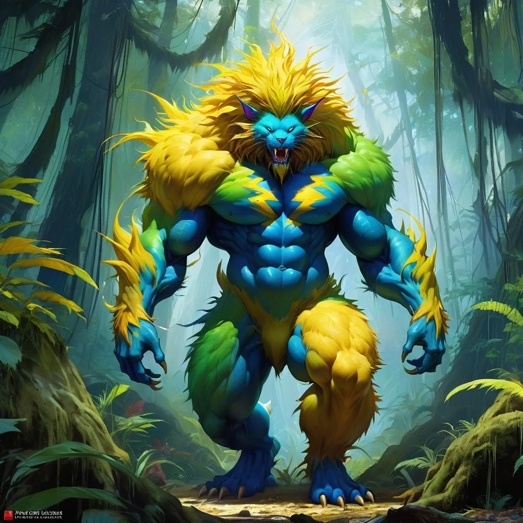 Prompt: large furry two-legged monster  :: rainforest :: Core :: Lightning :: Scarecrow :: Kaleidoscope :: Masterpiece :: blue yellow green :: Biological :: muted brush stroke :: by Ruan Jia, by Travis Charest, by Yoji Shinkawa :: elaborate :: intricate :: hyper detailed :: 8k resolution :: a masterpiece :: concept art :: dynamic lighting :: Splash screen art :: deep colors