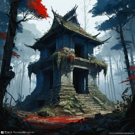 Prompt: ancient ruins from a primitive civilization in a primeval forest  :: Core :: Scarecrow :: Kaleidoscope :: Masterpiece :: blue white red :: Biological :: muted brush stroke :: by Ruan Jia, by Travis Charest, by Yoji Shinkawa :: elaborate :: intricate :: hyper detailed :: 8k resolution :: a masterpiece :: concept art :: dynamic lighting :: Splash screen art :: deep colors