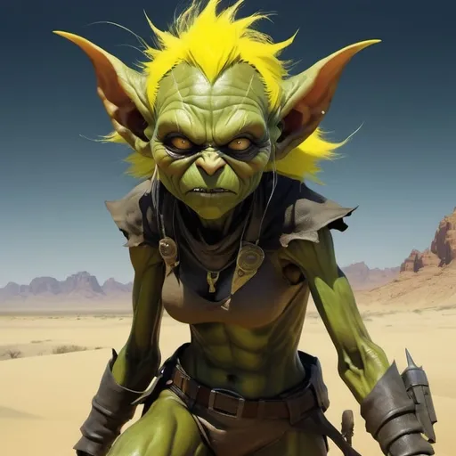 Prompt: small female angry goblin with yellow fur :: vast desert background :: she is only covered by sand :: she is looking directly at camera :: Core :: Lightning :: Scarecrow :: Kaleidoscope :: Masterpiece :: green brown green :: Biological :: muted brush stroke :: by Ruan Jia, by Travis Charest, by Yoji Shinkawa :: elaborate :: intricate :: hyper detailed :: 8k resolution :: a masterpiece :: concept art :: dynamic lighting :: Splash screen art :: deep colors