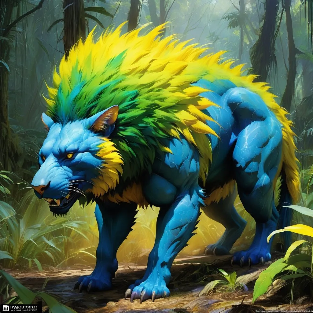 Prompt: large furry female four-legged monster  :: rainforest :: Core :: Lightning :: Scarecrow :: Kaleidoscope :: Masterpiece :: blue yellow green :: Biological :: muted brush stroke :: by Ruan Jia, by Travis Charest, by Yoji Shinkawa :: elaborate :: intricate :: hyper detailed :: 8k resolution :: a masterpiece :: concept art :: dynamic lighting :: Splash screen art :: deep colors