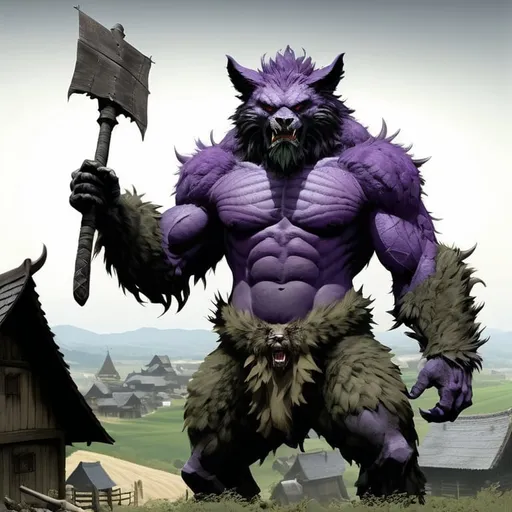 Prompt: giant male angry furry monster with gray fur :: medieval village in background :: he is only covered by fur :: he is looking directly at camera :: Core :: Scarecrow :: Kaleidoscope :: Masterpiece :: gray purple green :: Biological :: muted brush stroke :: by Ruan Jia, by Travis Charest, by Yoji Shinkawa :: elaborate :: intricate :: hyper detailed :: 8k resolution :: a masterpiece :: concept art :: dynamic lighting :: Splash screen art :: deep colors :: zoom out :: wide angle lens :: seen from afar :: creature towers over the village