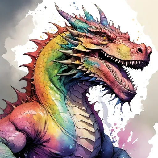 Prompt: a fat wingless dragon : watercolor : masterpiece : rainbow colors : biological : muted brush stroke : by Ruan Jia, by Travis Charest, by Yoji Shinkawa : elaborate : intricate : hyper detailed : 8k resolution : a masterpiece : concept art : dynamic lighting : Splash screen art : deep colors