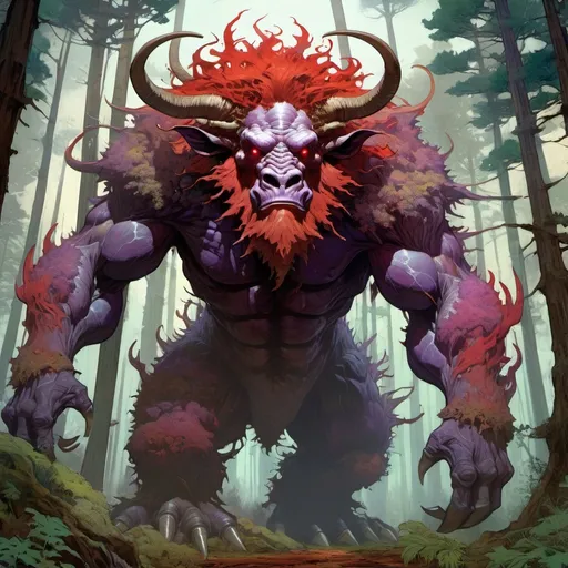 Prompt: giant furry two-legged monster  :: towering over a forest :: Core :: Lightning :: Scarecrow :: Kaleidoscope :: Masterpiece :: brown red purple :: Biological :: muted brush stroke :: by Ruan Jia, by Travis Charest, by Yoji Shinkawa :: elaborate :: intricate :: hyper detailed :: 8k resolution :: a masterpiece :: concept art :: dynamic lighting :: Splash screen art :: deep colors