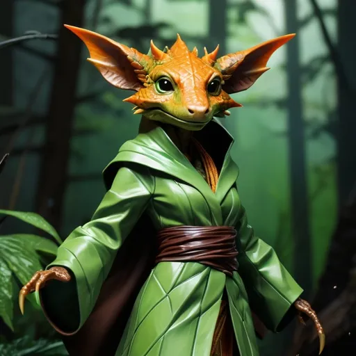 Prompt: tiny female kobold :: deep forest background :: wearing green a green robe :: she is looking directly at camera :: Core :: Lightning :: Scarecrow :: Kaleidoscope :: Masterpiece :: brown brown green :: Biological :: muted brush stroke :: by Ruan Jia, by Travis Charest, by Yoji Shinkawa :: elaborate :: intricate :: hyper detailed :: 8k resolution :: a masterpiece :: concept art :: dynamic lighting :: Splash screen art :: deep colors