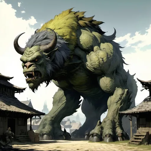 Prompt: giant male angry monster with gray fur :: medieval village in background :: he is only covered by fur :: he is looking directly at camera :: Core :: Scarecrow :: Kaleidoscope :: Masterpiece :: gray yellow green :: Biological :: muted brush stroke :: by Ruan Jia, by Travis Charest, by Yoji Shinkawa :: elaborate :: intricate :: hyper detailed :: 8k resolution :: a masterpiece :: concept art :: dynamic lighting :: Splash screen art :: deep colors :: zoom out :: wide angle lens :: seen from afar :: creature towers over the village