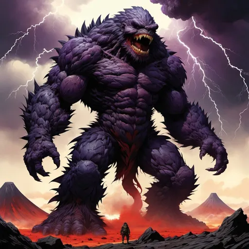 Prompt: giant furry two-legged monster  :: towering over a volcano :: Core :: Lightning :: Scarecrow :: Kaleidoscope :: Masterpiece :: brown red purple :: Biological :: muted brush stroke :: by Ruan Jia, by Travis Charest, by Yoji Shinkawa :: elaborate :: intricate :: hyper detailed :: 8k resolution :: a masterpiece :: concept art :: dynamic lighting :: Splash screen art :: deep colors