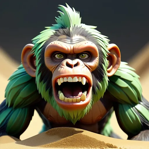 Prompt: small male angry mutant reptilian chimpanzee with green fur :: desert background :: he is only covered by sand :: he is looking directly at camera :: zoom out :: Core :: Lightning :: Scarecrow :: Kaleidoscope :: Masterpiece :: green brown green :: Biological :: muted brush stroke :: by Ruan Jia, by Travis Charest, by Yoji Shinkawa :: elaborate :: intricate :: hyper detailed :: 8k resolution :: a masterpiece :: concept art :: dynamic lighting :: Splash screen art :: deep colors